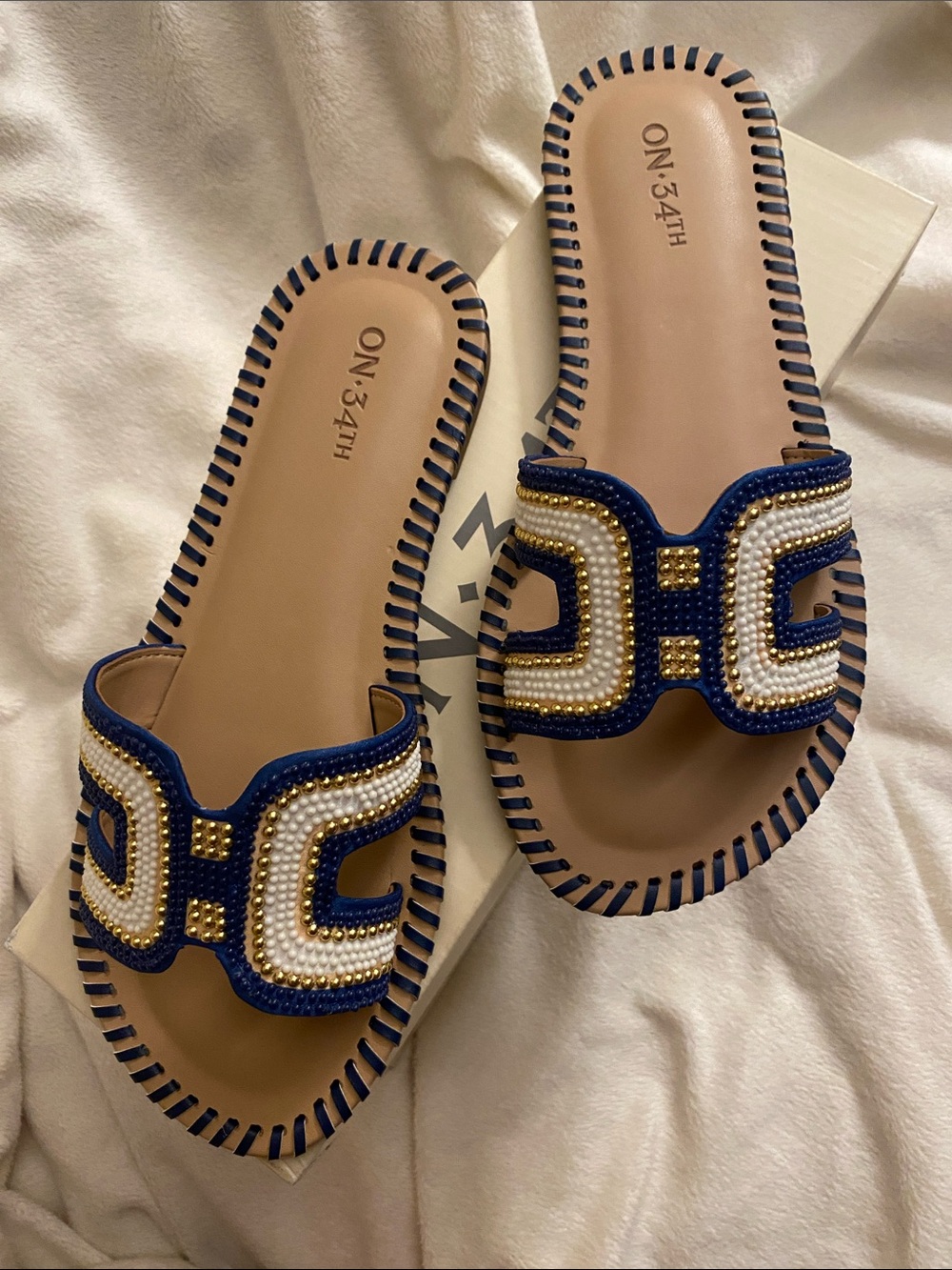 On. 34Th Mansif Navy/white/gold Beaded Slide Sandals -